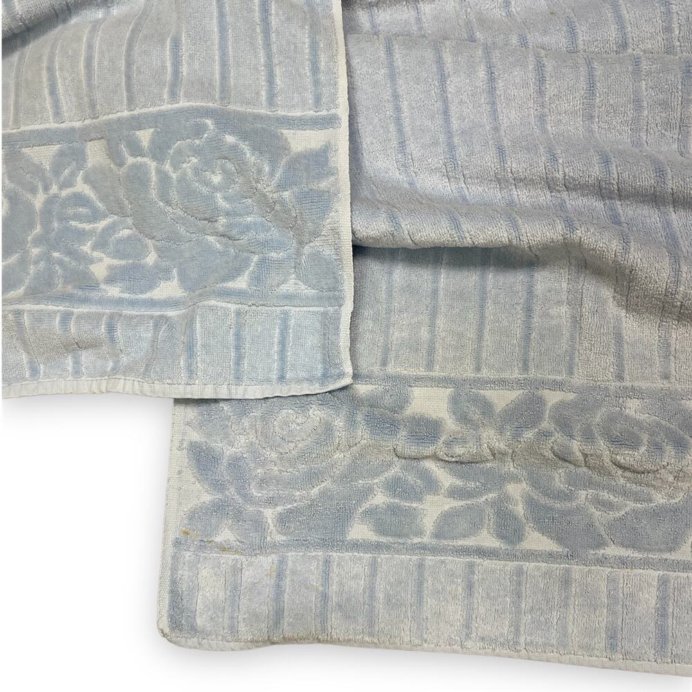 Vintage Mid Century St. Mary's | Blue Sculpted Floral Cotton Bath Hair Towel Set